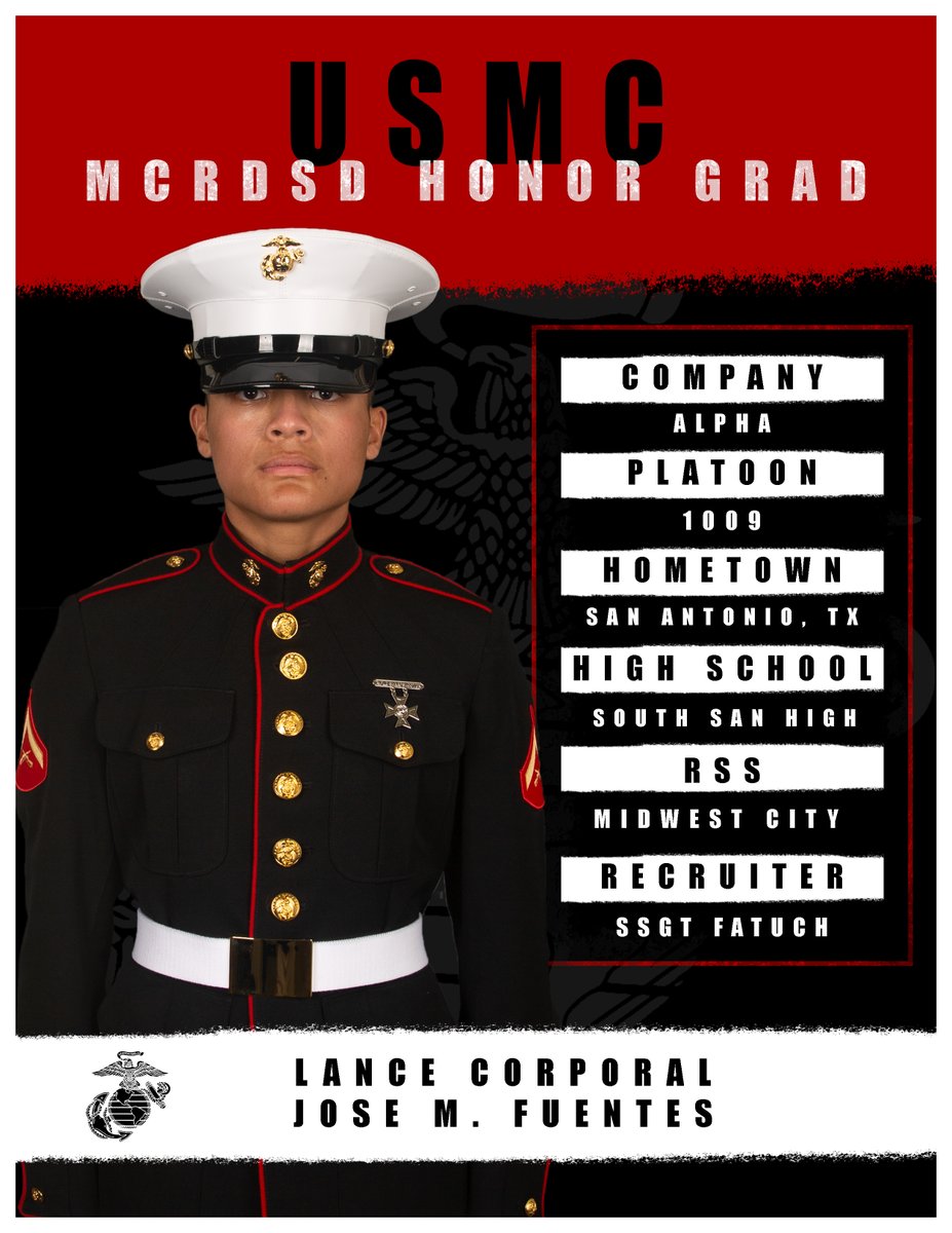 Congratulations to one of #America's newest @usmc #Marines, Lance Cpl. Jose Fuentes, honor #graduate of #Alpha Company! Lance Cpl. Fuentes is from #SanAntonio, #Texas @8MCDMarines, @USMarineCorps #Congratulations to all Marines of Alpha Company & welcome to our Corps!