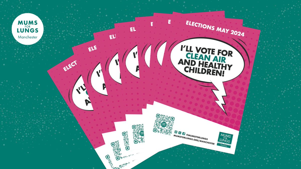 These posters have been popping up all over #GreaterManchester, to show local & Mayoral election candidates how much voters want #CleanAir. In 2022, #Manchester had the highest NO2 concentrations of any local authority in the UK, and this needs to change. mumsforlungs.org/manchester