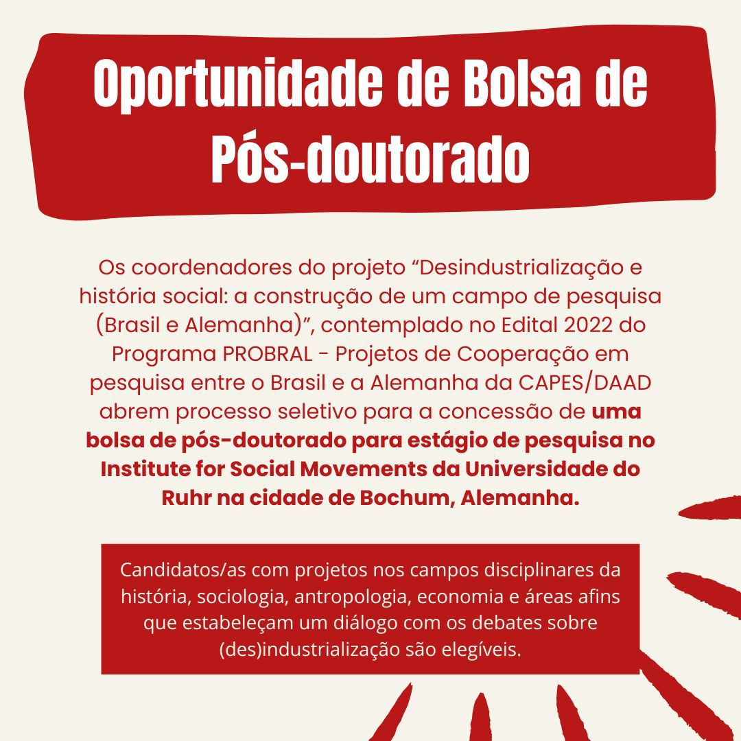 lehmt_ufrj's tweet photo. *EDITAL DE SELEÇÃO DE BOLSISTA DE PÓS-DOUTORADO*

O projeto “Desindustrialização e história social: a construção de um campo de pesquisa (Brasil e Alemanha)”,  abre seleção para a concessão de uma bolsa de pós-doutorado. 

Confira o edital em: https://t.co/WQJQrD2Q8o https://t.co/HWp6meGXcc