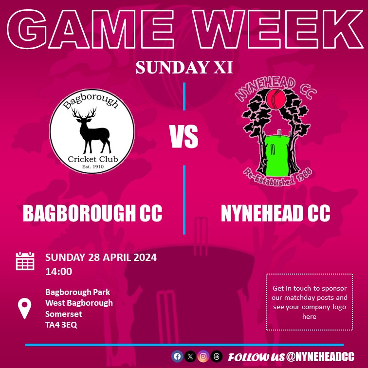 It's GAME WEEK! 🏏 

We can't wait to get our season started with our first match of the year on Sunday, away at @BagboroughCC

📢 Come on Nynehead!

#NyneheadCC #Nynehead #Wellington #Somerset #somersetcricket #Taunton #cricket #villagecricket #clubcricket #gameweek