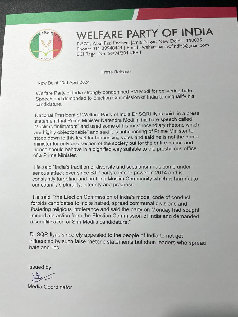 WelfarePartyIN's tweet photo. Welfare Party of India strongly condemned PM Modi for delivering hate Speech and demanded to Election Commission of India to disqualify his candidature. https://t.co/zJulhkqO3p