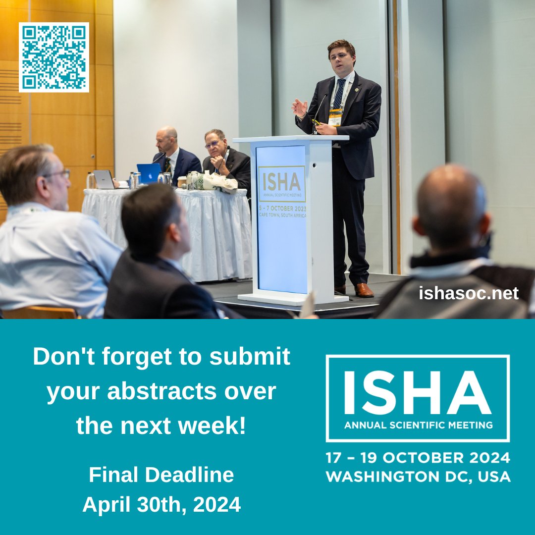 *REMINDER* Deadline for entering abstracts for the ISHA 2024 Annual Scientific Meeting is next Tuesday, April 30th, 2024. Submit now at: oaandgap.eventsair.com/isha-2024/abst… #isha2024 #research #HipPreservation #sportsmedicine #arthroscopy #openhip #rehabilitation #patientcare