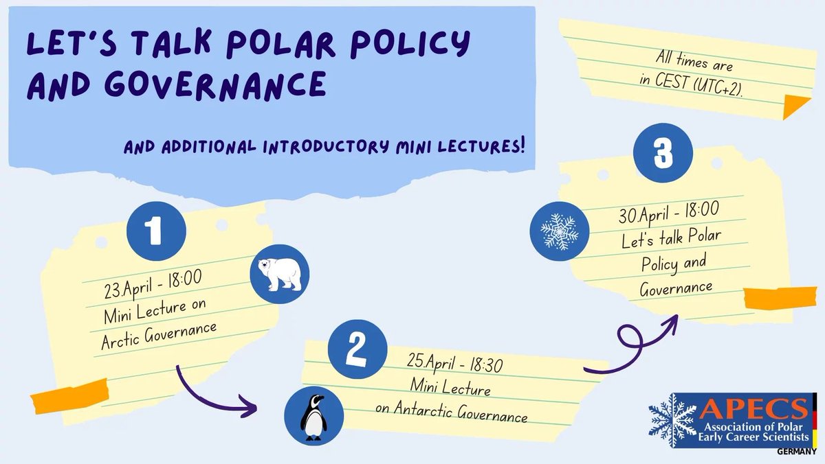 How do polar scientists contribute to decision making and policy? Join the @apecs_germany mini lecture series 'Let’s Talk Polar Policy and Governance' to find out more. 23rd, 25th & 30th April 2024 More here: apecs-germany.de/lets-talk-pola…