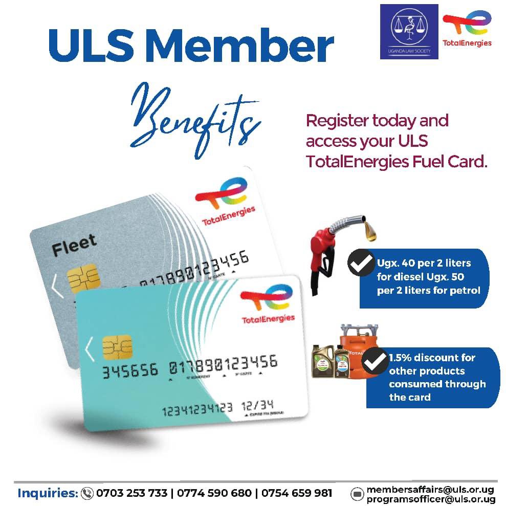 Exciting news! The Uganda Law Society in partnership with @TotalEnergiesUG offers an exclusive benefit to members using the ULS-Total cards. For every 2 litres of fuel purchased through the card, you will get a discount of Ugx. 40 on diesel and Ugx. 50 on petrol. Plus 1.5%