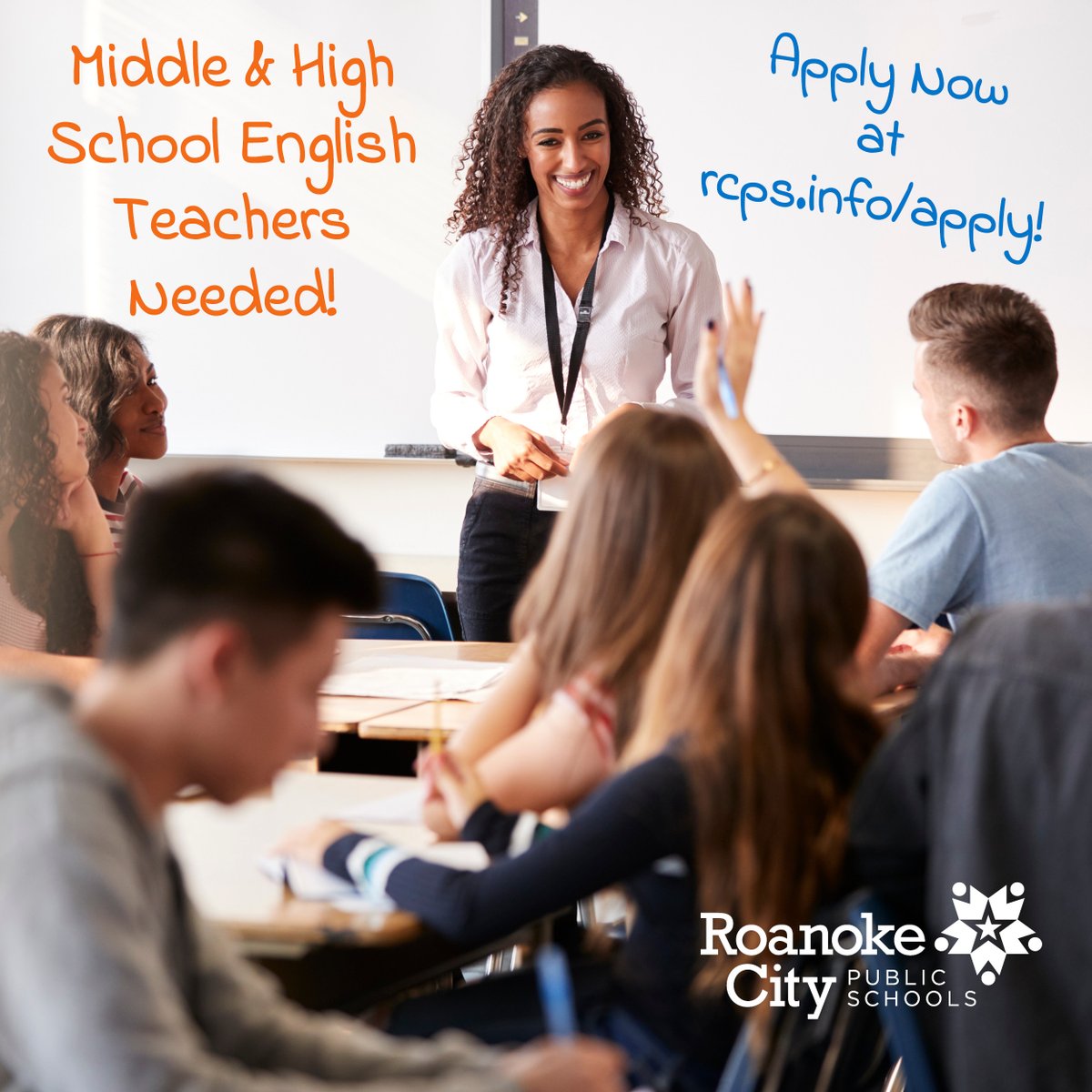 RCPS is hiring Middle- and High-School English Teachers! RCPS offers highly competitive pay and excellent benefits including membership in the Virginia Retirement System. Apply today at rcps.info/apply!