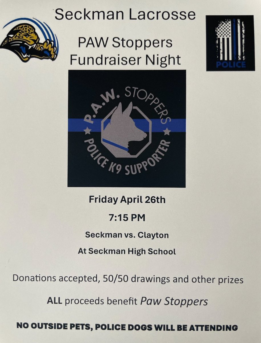 Join us this Friday as we host Clayton for our annual fundraiser game! Both teams will wear special themed jerseys to recognize and support the PAW Stoppers and all our K9 Officers. Donations will be accepted at the gate. #GoJags