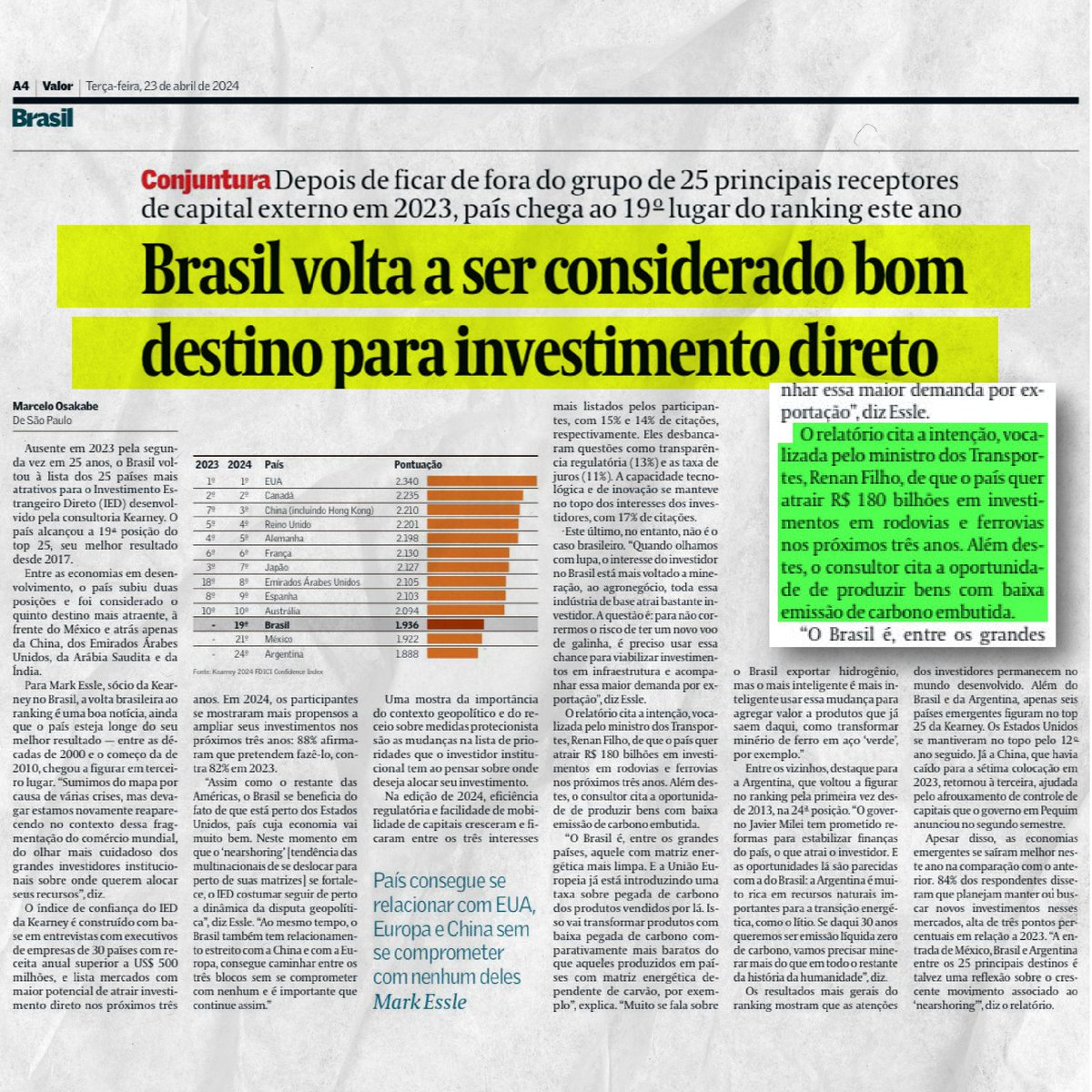 Além de ser o 2 pais que + recebeu investimento estrangeiro, o Brasil subiu no ranking de atratividade. Temos matriz energética limpa, boas relações internacionais e transparência regulatória. Nossa meta é atrair R$ 180 bi para rodovias e ferrovias. É nesse Brasil que eu boto fé!