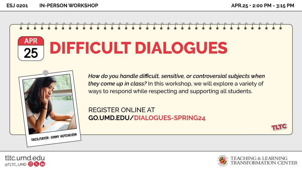 Facing tough topics in class? 📚 Join our workshop to discover effective strategies for handling sensitive and controversial subjects, ensuring respect and support for all students. >> GO.UMD.EDU/DIALOGUES-SPRI… 

—-
 #umd #tltcumd #teachingandlearning #teachterps  #inclusive