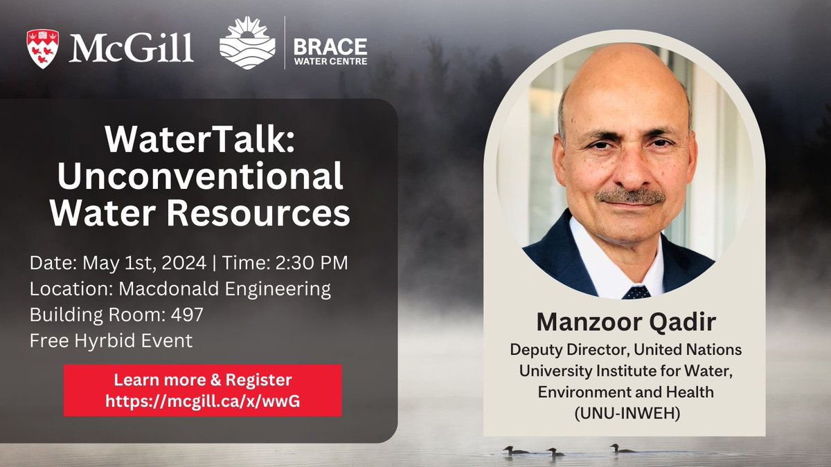 Join BRACE as Manzoor Qadir from the UN University Institute for Water explains how reusing water & untapped resources can lead to sustainable water management, tackling local shortages. Learn more: mcgill.ca/x/wwG
#waterresources #watershortage @UNUniversity