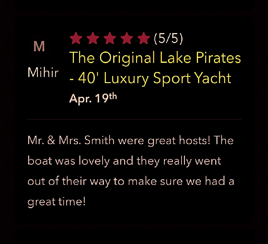 Another 5 Star Review ⭐️⭐️⭐️⭐️⭐️ Thank You, Mihir!

#pleasurehuntercharter #fivestarreview #viptreatment #VIPExperience #charteryacht #charterwithcaptain #charteryournexteventwithus #charterwithus #Austin  #bestcaptainandcrew #bestcharterexperience #bestyachtxperience #laketravis