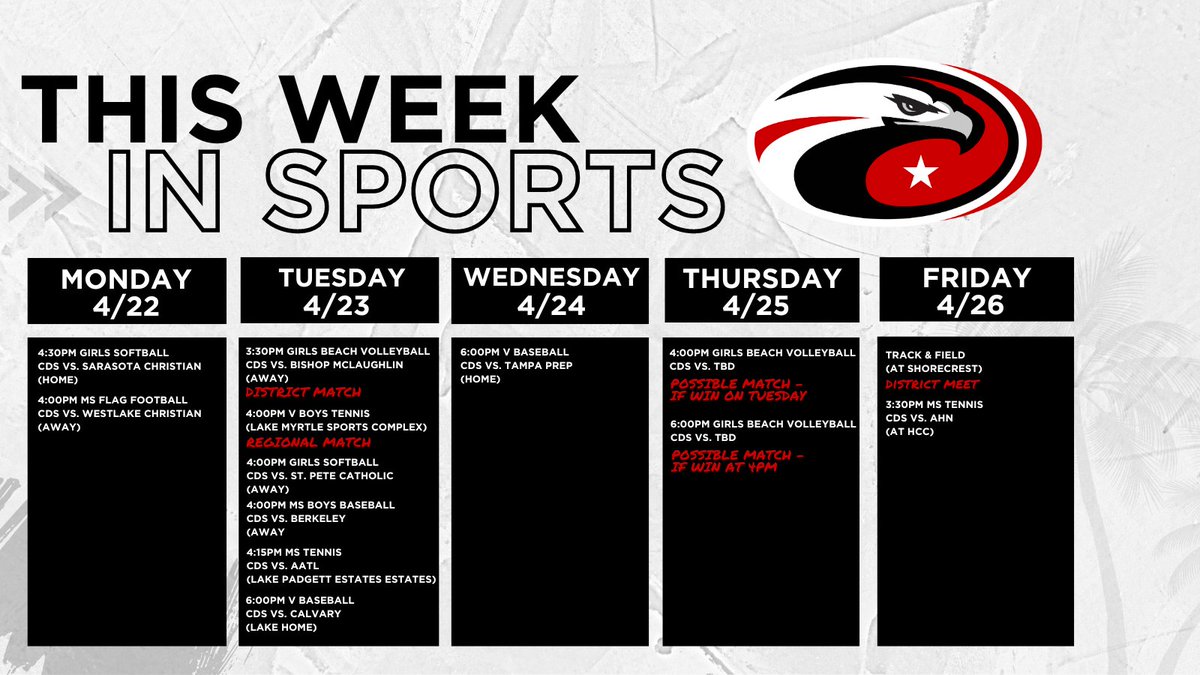 This week in #CDSAthletics 🏐⚾️🥎🎾🏃 Support your #CDSPatriots !🦅 @baseball_cds