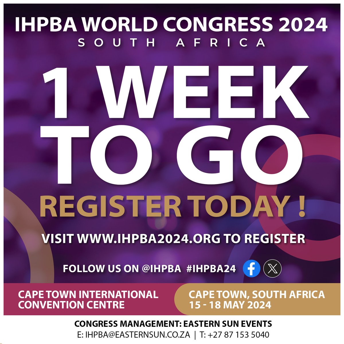 Only 1 week until the IHPBA 2024 World Congress in Cape Town, South Africa. There is still time to register on ihpba2024.org. If you can’t make it in person, register for our virtual congress and enjoy simultaneous translation in over 50 languages.