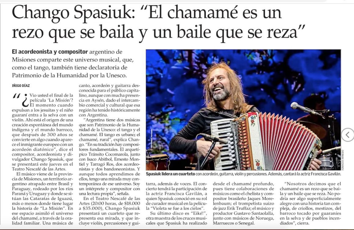 EmbArgEnChile's tweet photo. Este jueves 25 de abril a las 20:00, @changospasiuk  se presenta en el @Teatro_NESCAFE . Compartimos la nota de @ElMercurio_cl  de hoy. https://t.co/QMx6zoFNcL