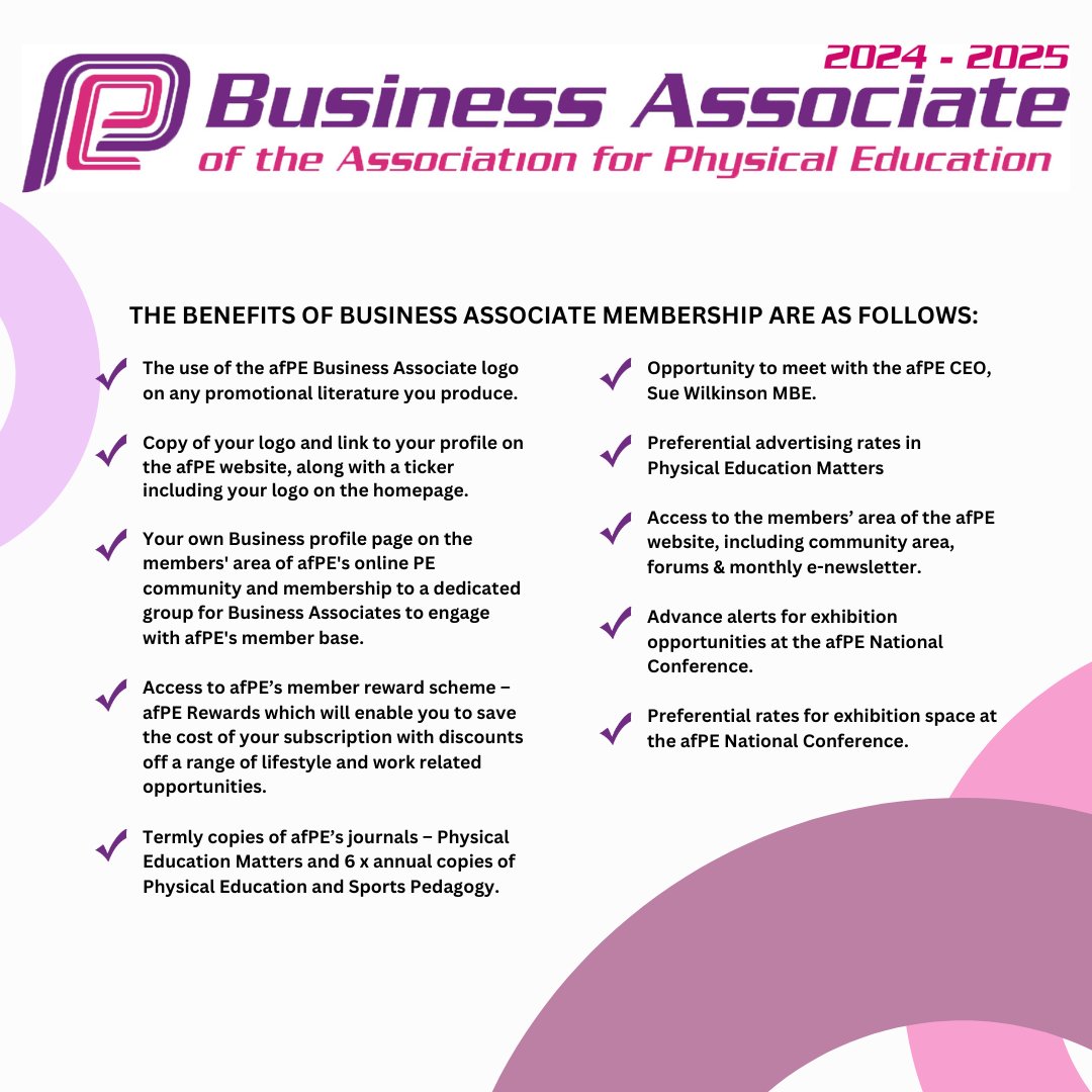 ❓Want to become a Business Associate of afPE's? Want to know more about the benefits? Take a look below🙌 Keep an eye out for information about our upcoming Business Associate Day with details being released soon❗️ For more information on how to become a Business Associate,…