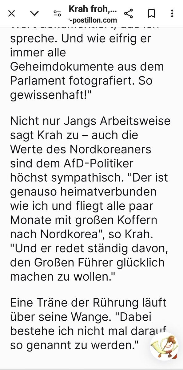 Krah froh, dass er sich auf seinen nordkoreanischen Mitarbeiter verlassen kann 
der-postillon.com/2024/04/krah-k…
#wirsindmehr
#WirSindDieBrandmauer
#fckafd
#gegenAfd