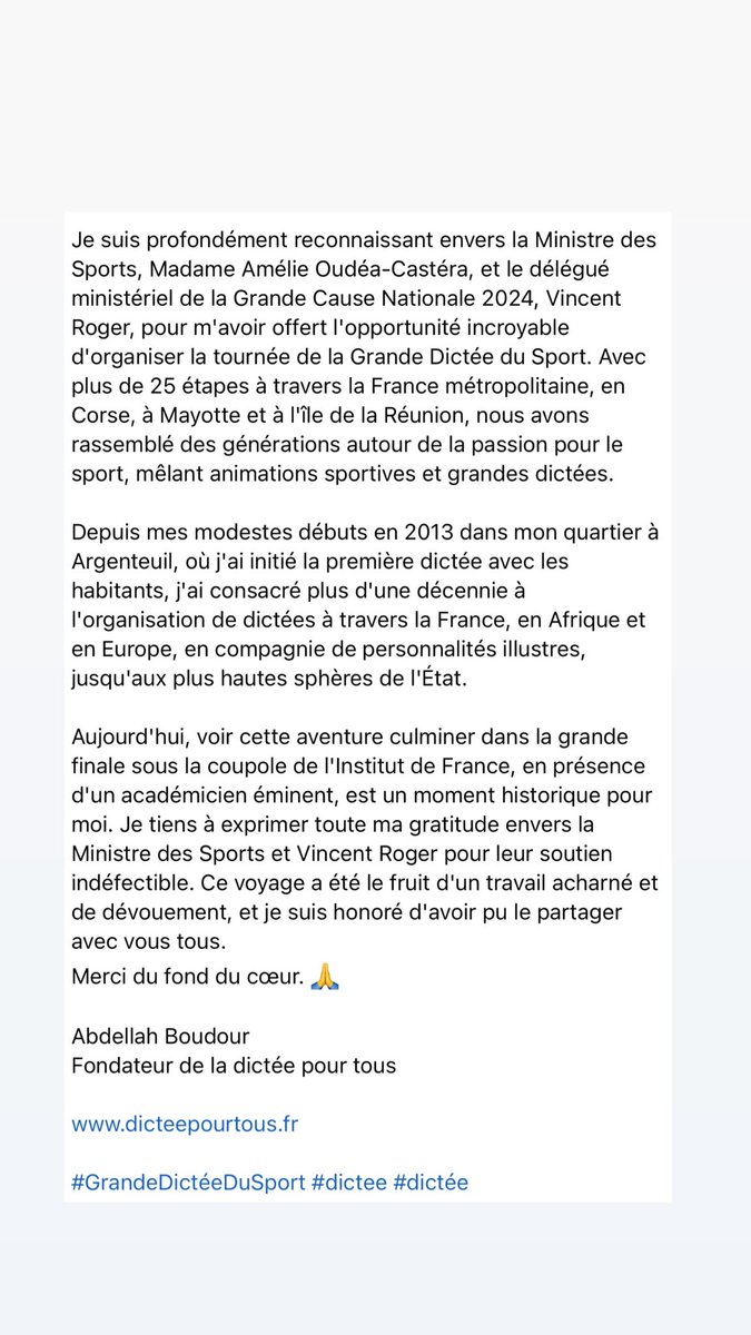 Je suis profondément reconnaissant envers la Ministre des Sports, Madame @AOC1978 , et le délégué ministériel de la Grande Cause Nationale 2024, @vincentroger75 , pour m'avoir offert l'opportunité incroyable d'organiser la tournée de la Grande Dictée du Sport …