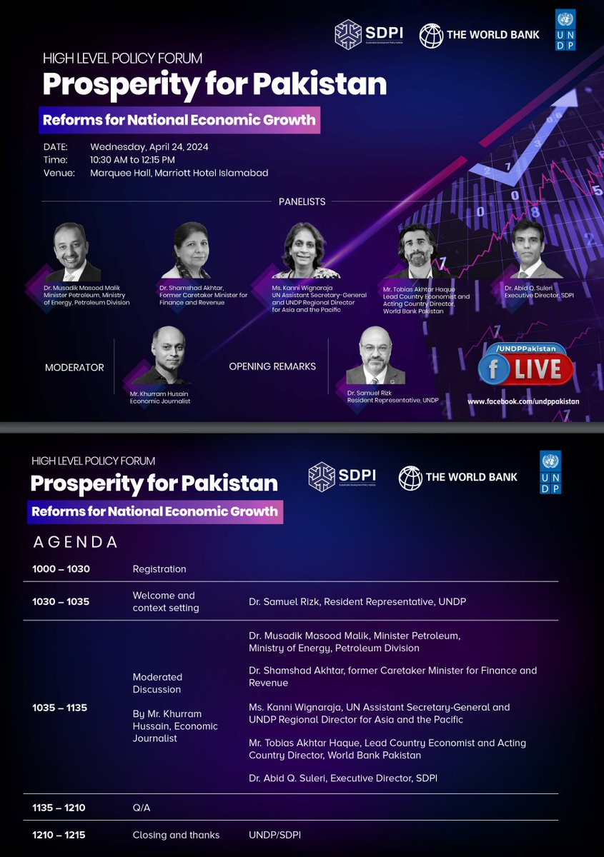 As part of our #ProsperityforPakistan initiative, #UNDPinPakistan, @SDPIPakistan, & @WorldBankSAsia are co-hosting a high-level policy forum with key international & national policymakers to discuss reforms for people-centric national economic growth.