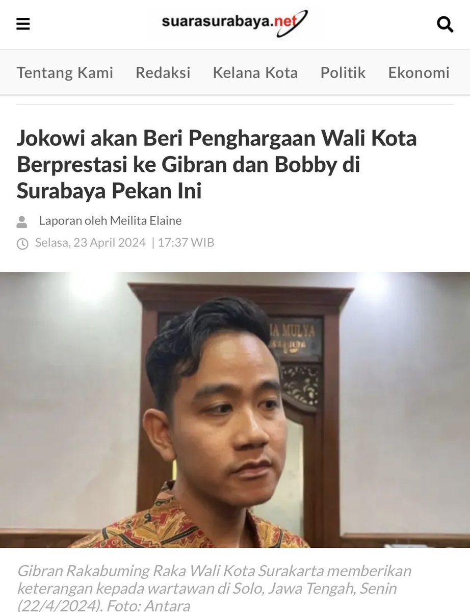 Joko Widodo Presiden RI akan memberikan penghargaan ke anaknya Gibran Rakabuming Raka Wali Kota Surakarta dan Muhammad Bobby Alif Nasution Wali Kota Medan menantunya sebagai kepala daerah berprestasi. 🤭😁😅😂😂🤣🤣 suarasurabaya.net/politik/2024/j…