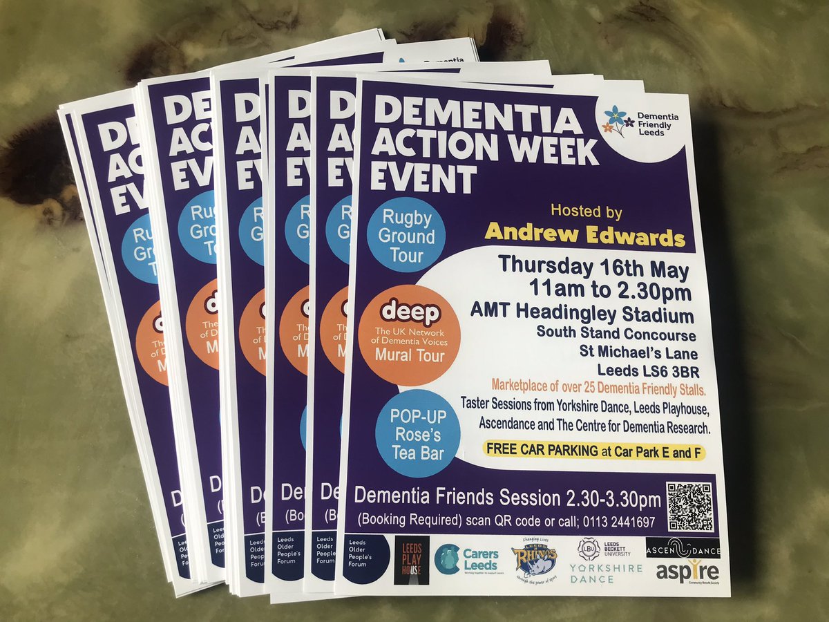 Our Dementia Action Week flyers have arrived! The event is partnered with @RugbyLeeds & @leedsdaa Join us on Thursday 18th of May at the south stand at @HeadingleyStad If you would like some flyers please email elizabeth@opforum.org.uk
