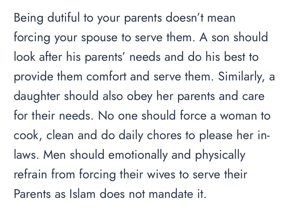 Xotin erini ota-onasi bilan birga yashashga, xizmatini qilishga majbur emasligi, xohlasa bosh tortishi mumkinligi haqida. Dinda keltirilgan lekin yaxshi taqvodorlayam shu qismlarini bilmaslikka olishadi yoki "o'zbekchilik")

P.s. Dinni yaxshi biladigan dugonam bilan suhbatimizdan