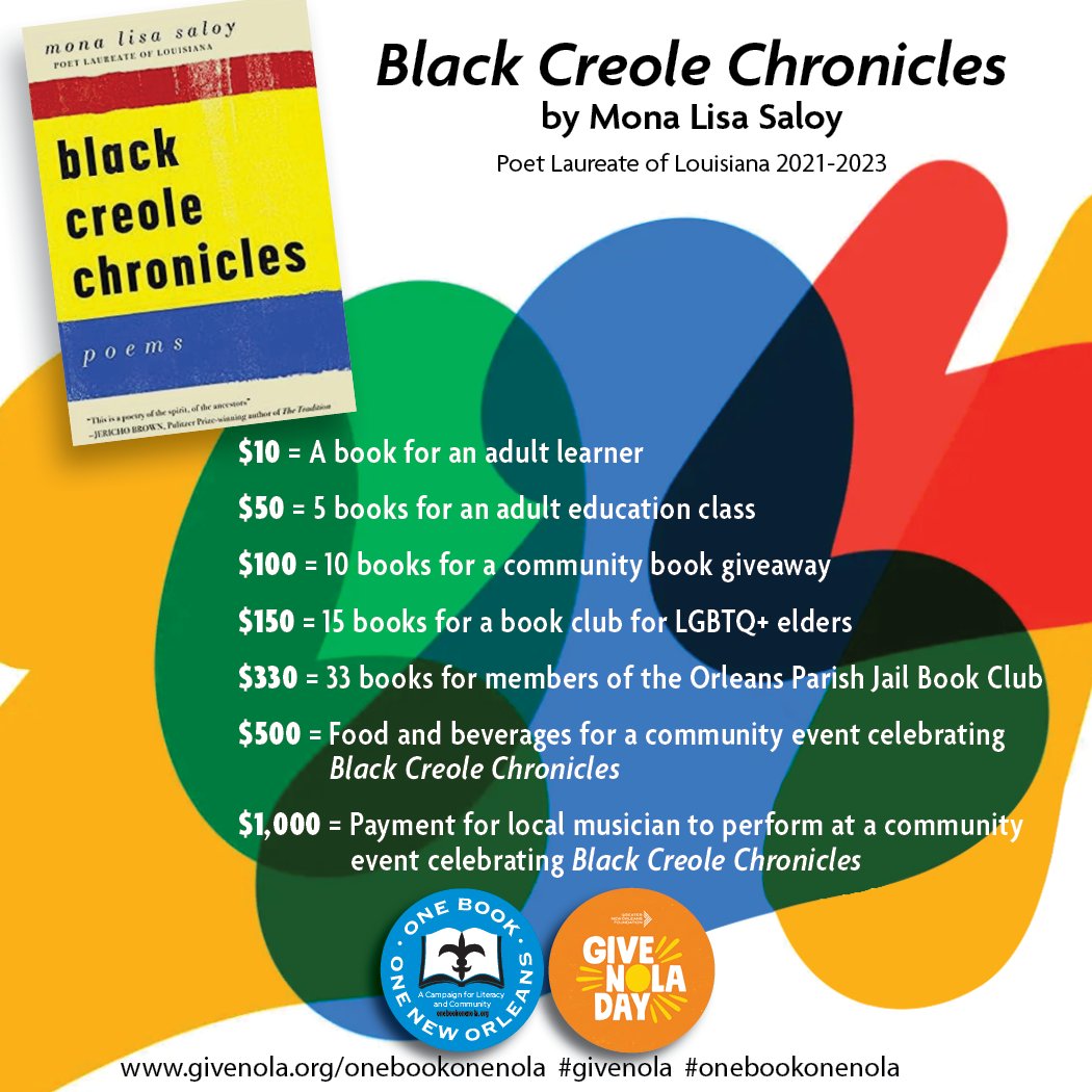 Early giving for #GiveNOLADay 2024 begins TODAY, and we would love your support! Funds will be used to purchase copies of our 2024 selection and hold free events celebrating this wonderful book. Donate here: givenola.org/onebookonenola