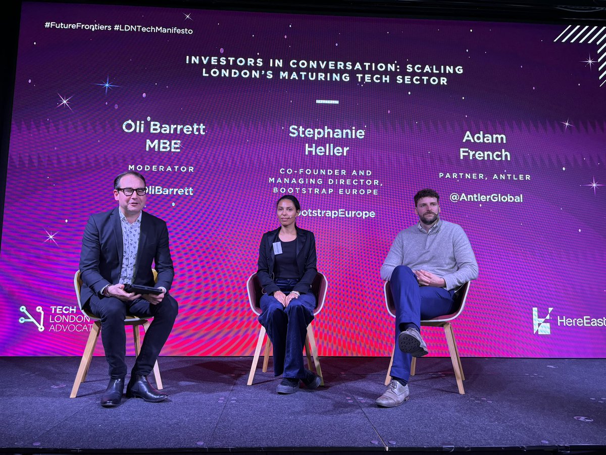 Next up at #FutureFrontiers is an investment discussion with Stephanie Heller @BootstrapEurope and Adam French @AntlerGlobal with @OliBarrett - @TechLondonAdv @GlobalTechAdv @HereEast