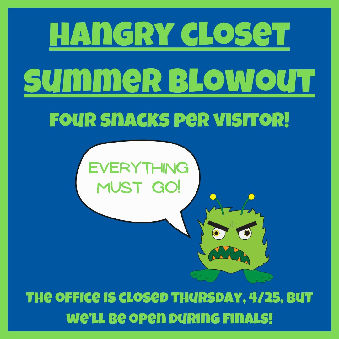 Help us clean out the Hangry Closet; from now through the end of finals, take twice as many free snacks! Once they’re gone, they’re gone, but we look forward to adding brand new stock this fall!

Also, be advised that the SoJSM office will be closed this Thursday.

#mtsu #sojsm