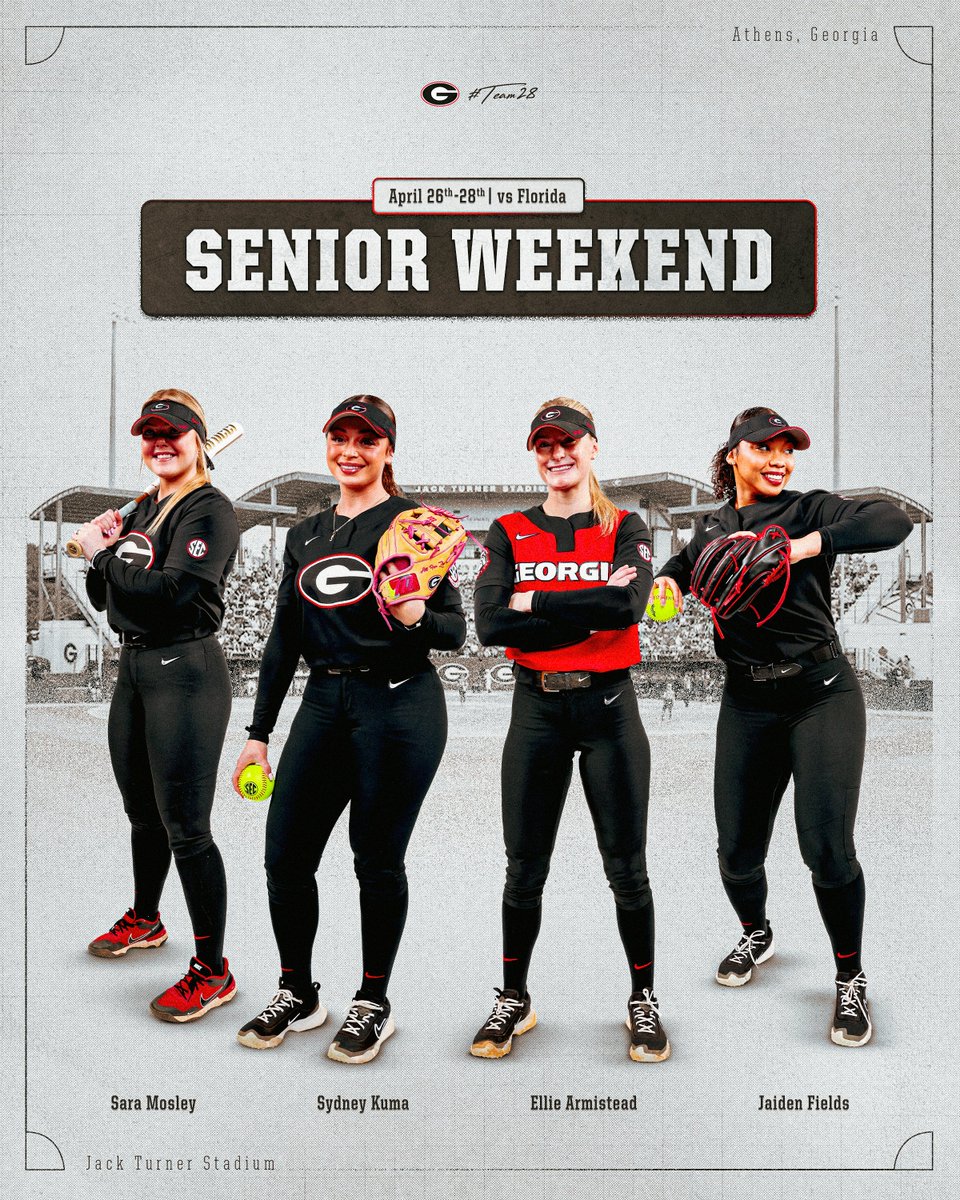 It's Senior Weekend at The Jack ❤️🖤

Join us as we honor @saramosley33, @sydneykumzzz, @elliearmisteadd, and @JaidenFields prior to Saturday's 11 a.m. game against Florida! 

#Team28 | #GoDawgs