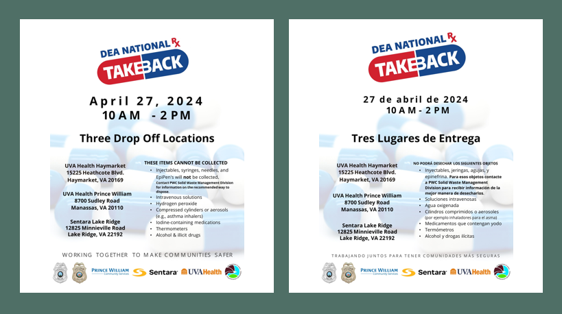 PRESCRIPTION DRUG TAKE-BACK: This Saturday, April 27 – from 10 a.m. - 2 p.m. – #PWCPD & Manassas City PD will join with the DEA & #community groups to provide you with a safe & legal way to dispose of unused or expired #prescription medications. Visit: dea.gov/takebackday