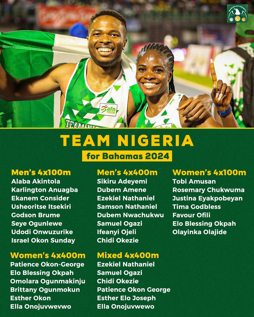 Team Nigeria 🇳🇬 is heading to Bahamas with a very strong contingent!! Here's the official Nigerian Team list for the World Relays, taking place next month in Nassau, Bahamas. Nigeria is seeking qualification in five Relay events for Paris 2024 Olympics.