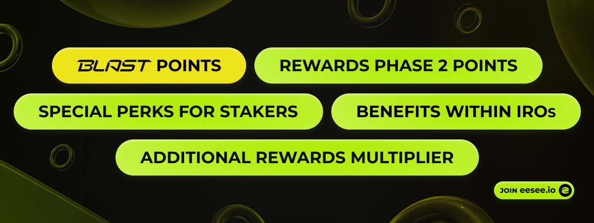eesee provides a significant amount of benefits to every staker! 🔥

• Up to 85% APR
• Blast Points
• Benefits/Priority Pass within IROs
• Additional rewards multiplier

⚠️ Staking will have a direct impact on the amount of your rewards within Rewards Phase 2!

Stake more =