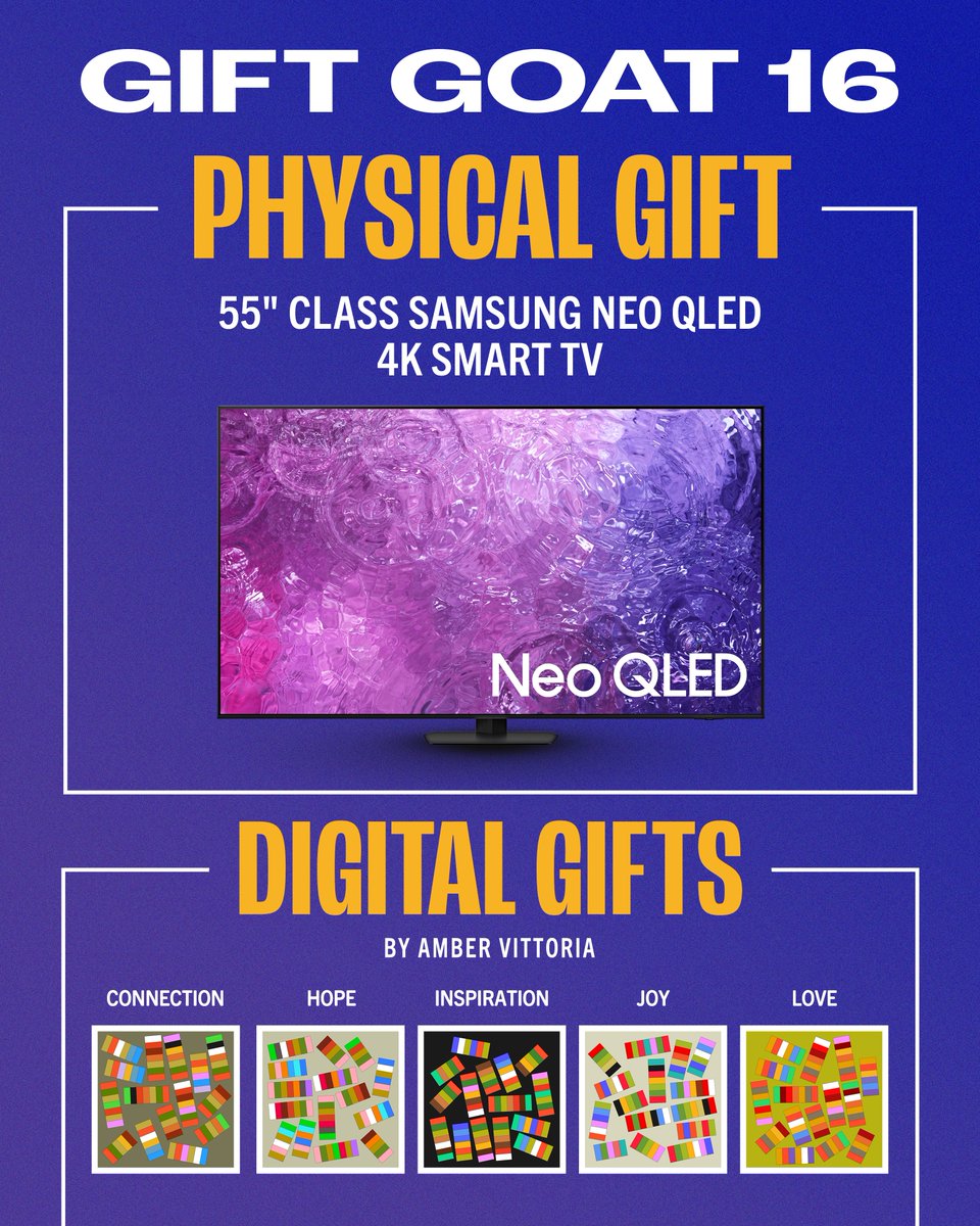 In unison, this gift amplifies the experience of entertainment, blending technology with a cutting-edge artistic vision that brings the intangible to life for Gift Goats with a 55' Samsung Neo QLED 4K QN90C Smart TV paired with a vibrant creation by the artist @amber_vittoria.