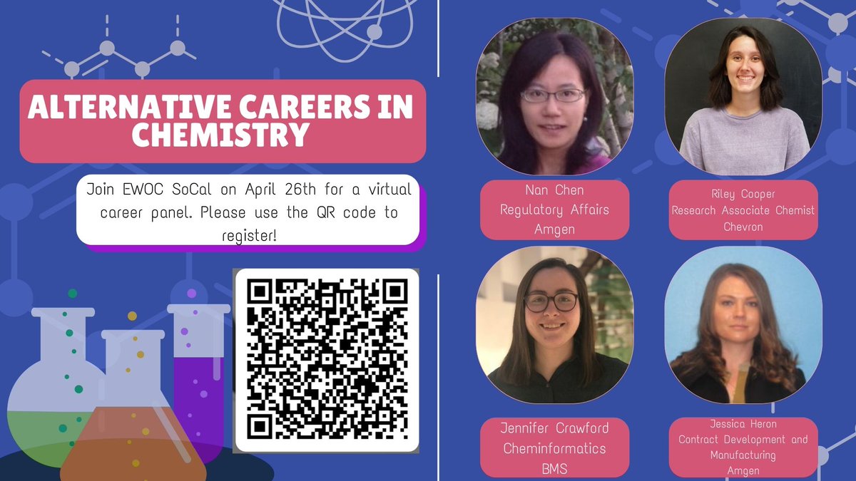 You want to learn more about careers beyond Medicinal Chemistry and Process Development? Then sign up for free for our panel on 'Alternative Careers in Chemistry' on 04/26, 12 pm PST - see you there! @EWOC8 @EWOCBoston @EWOCEastCAN @MidAtlanticEWOC @EwocNorcal @MidWestEWOC