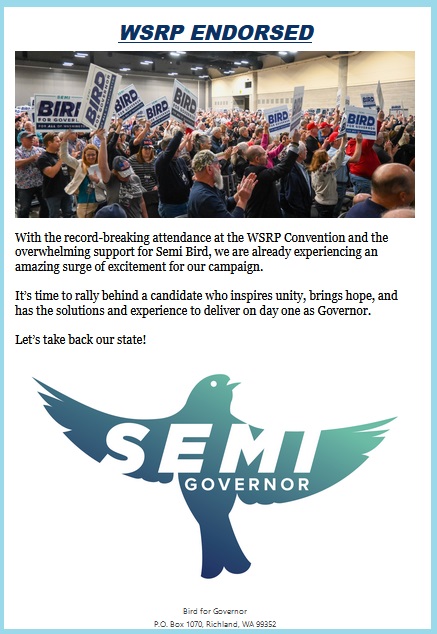 SEMI BIRD FOR GOVERNOR OF WASHINGTON🦅🇺🇸

TRUTH:  LARGEST WSRP CONVENTION EVER HELD

TRUTH:  Semi Bird  made history by becoming the first Black American candidate ever to be  endorsed by any political party in Washington State for the office of  Governor.

TRUTH:  'This
