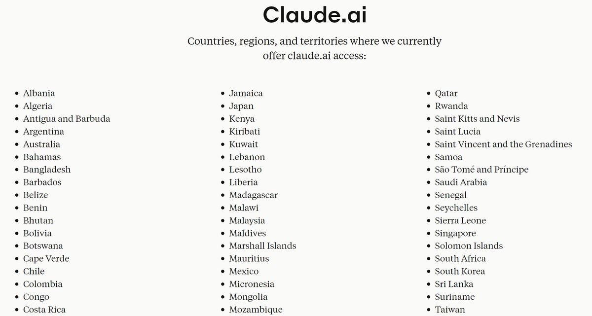 Chtěl jsem si vyzkoušet Claude AI, ale vypadá to, že u nás, ani nikde jinde v EU není přístupné.

Narozdíl třeba od Bhutánu, Nauru, Palestiny, nebo půlky Afriky.

Zajímalo by mě, čím to je.