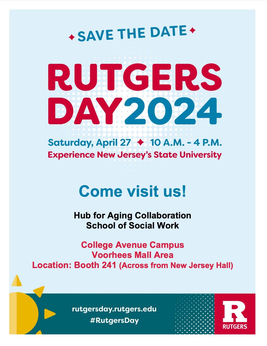 #HubBuzz 📣 ❗ Only 4 days left until #RutgersDay! 🎉 Will you be attending? Come visit the Hub Table at Booth 241 where we will be sharing our hopes and dreams for #aging. We hope to see you there! Locator map here: buff.ly/49OjP47 | More info: buff.ly/4d3vrTX.