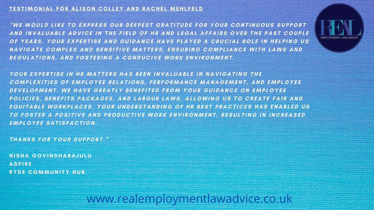 We have recieved this wonderful Testimonial for Solicitors Alison Colley and Rachel Mehlfeld from a happy client, who are a member of our HR Harbour Service, which provides proactive and ongoing HR support for employers and businesses. 

#positivefeedback #ukemplaw  #hrsupport