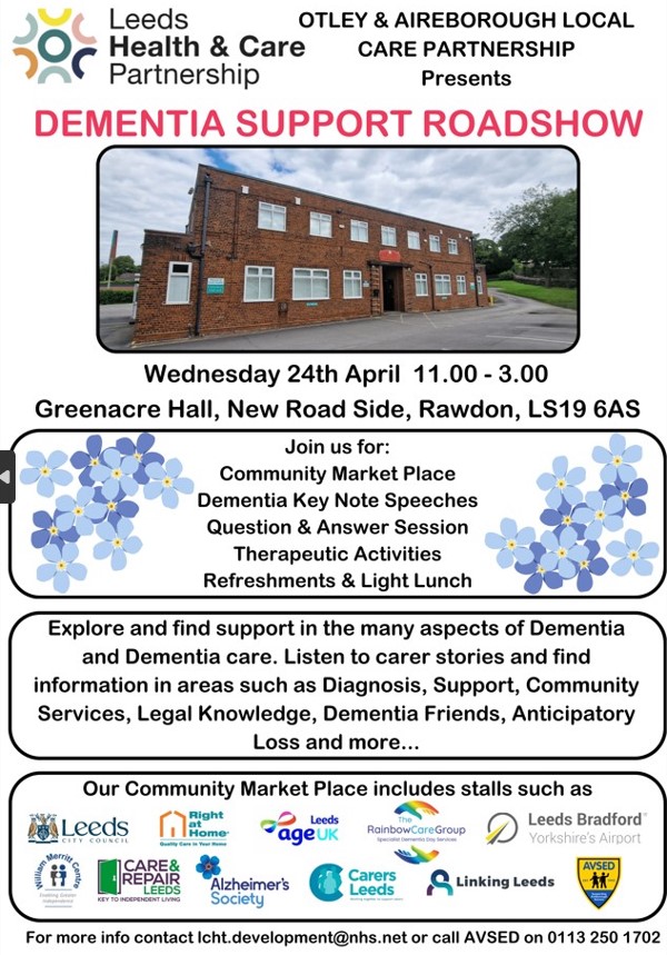 Don't forget the Dementia event tomorrow!!  Starting at 11am. Open to everyone, please come along @AVSEDest1992 @RightatHomeUK @AgeUKLeeds
@TheRainbowCare1 @WMDLC @CarersLeeds @LinkingLeeds @alzheimerssoc @crleeds @LBIAirport @MyForumCentral