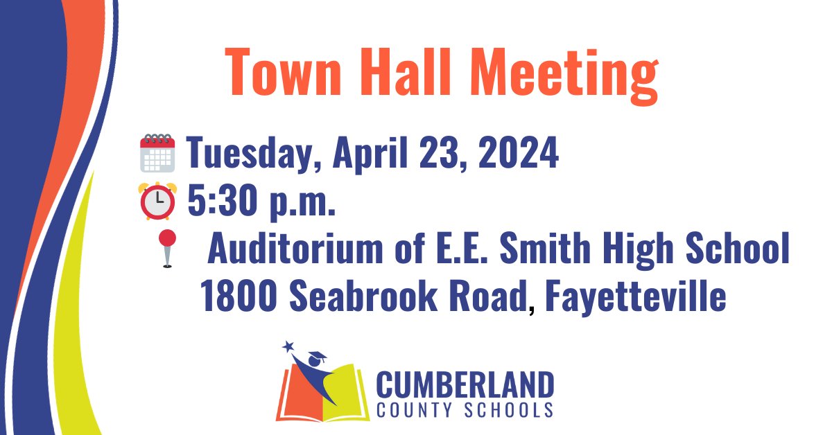 ⏰ Reminder: The E.E. Smith High School town hall meeting is tonight at 5:30 p.m. We look forward to hearing from alumni, parents, students, and community members about the future of our school. See you there!