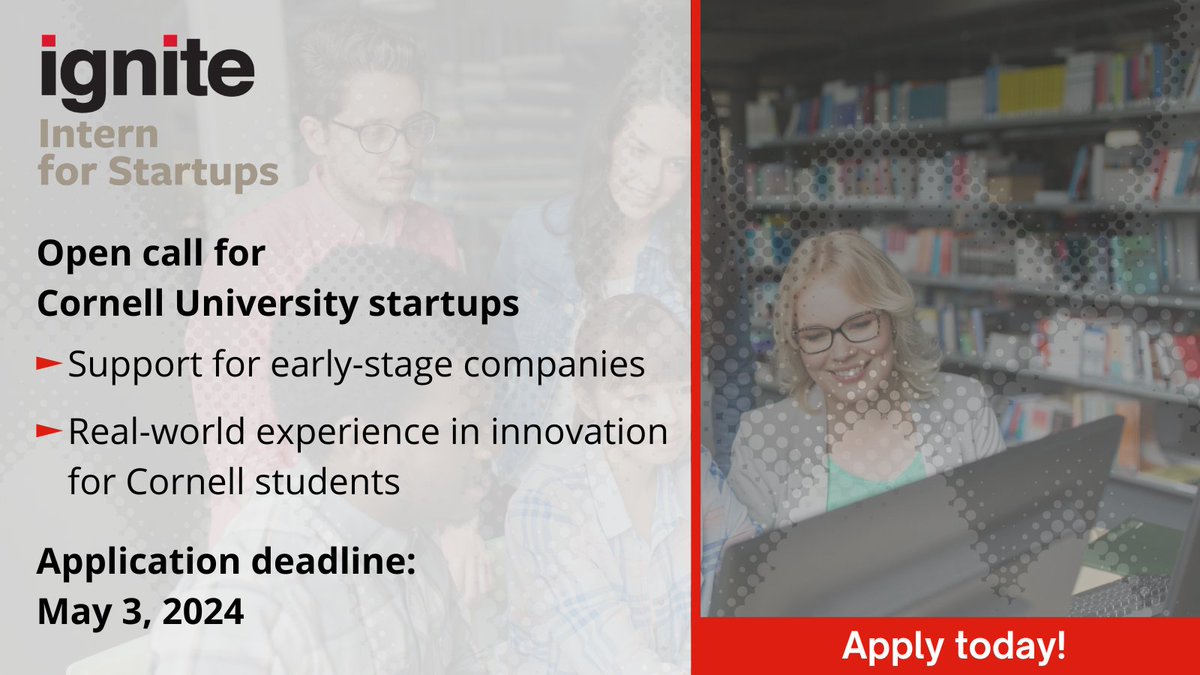 #ICYMI Are you a Cornell startup looking for interns? Dive into the Ignite Intern for Startups program, offering up to $10K in fellowship funds for each intern at selected Cornell startups. Enhance your venture with Cornell talent. Apply now! 🖇️ ow.ly/SwQb50QHSsJ