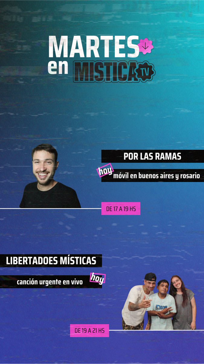 MISTICA TV (@misticatv_) on Twitter photo Hoooy!📢
🌿Por Las Ramas, con <a href="/Ramadasso/">Rama Dasso 🇦🇷</a>, el amigo de los hinchas de Talleres. Además, <a href="/Townsend080/">Ezequiel Townsend</a> y Cami Garcia en vivo, cubriendo la marcha por la Eduación Pública.
🗽 Libertades Místicas, con Pacha y El Chiqui. Vienen los pibes de Canción Urgente a hacer un rato de ruido. Hoooy!📢
🌿Por Las Ramas, con <a href="/Ramadasso/">Rama Dasso 🇦🇷</a>, el amigo de los hinchas de Talleres. Además, <a href="/Townsend080/">Ezequiel Townsend</a> y Cami Garcia en vivo, cubriendo la marcha por la Eduación Pública.
🗽 Libertades Místicas, con Pacha y El Chiqui. Vienen los pibes de Canción Urgente a hacer un rato de ruido.