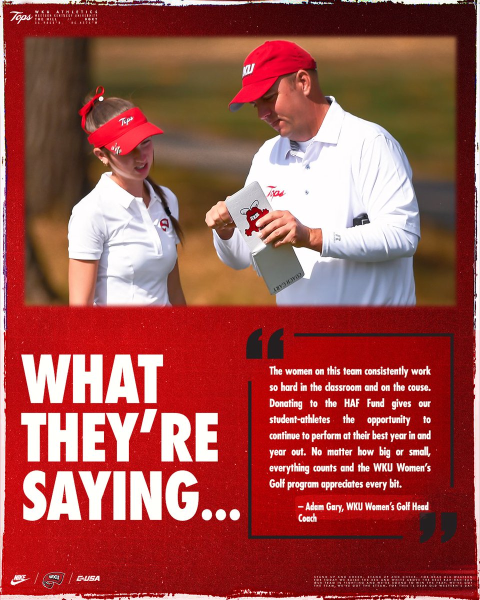 Today is WKU’s Day of Giving! Any donation, no matter how big or small to the @WKU_HAF Impact Fund goes an incredibly long way to making sure our student-athletes keep on striving on the course and classroom 🏌️‍♀️ wkusports.com/DayOfGiving2024 #GoTops