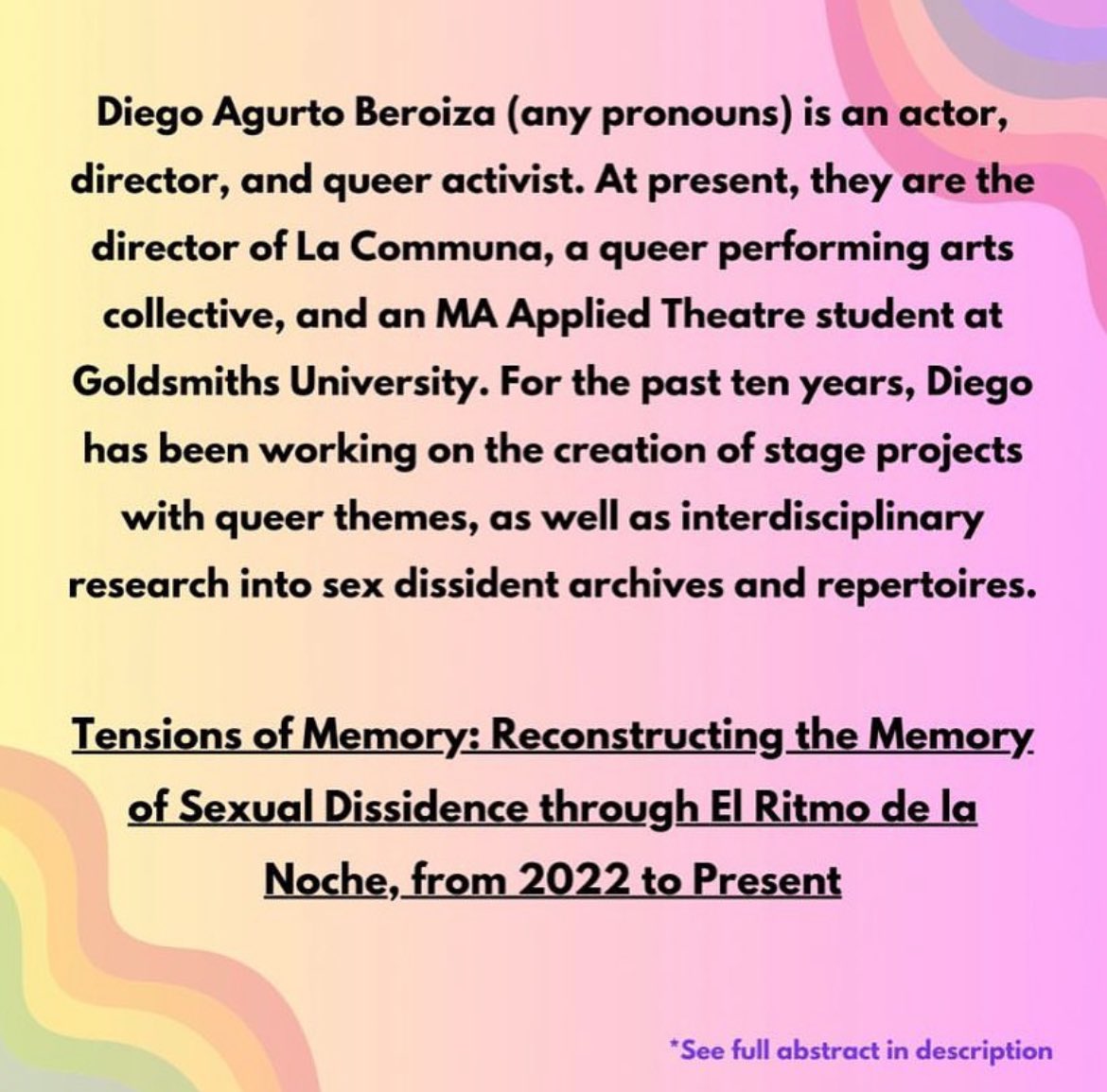 cqsconference's tweet image. 🎭INTRODUCING: IN DIALOGUE🎭

We are pleased to welcome Dr Jorge Díaz and Diego Agurto Beroiza for a dialogue on artistic activism and sexual dissidence in Chile. Their joint expertise spans theatre, politics, and biology.

In-person and online tickets available - link in bio!