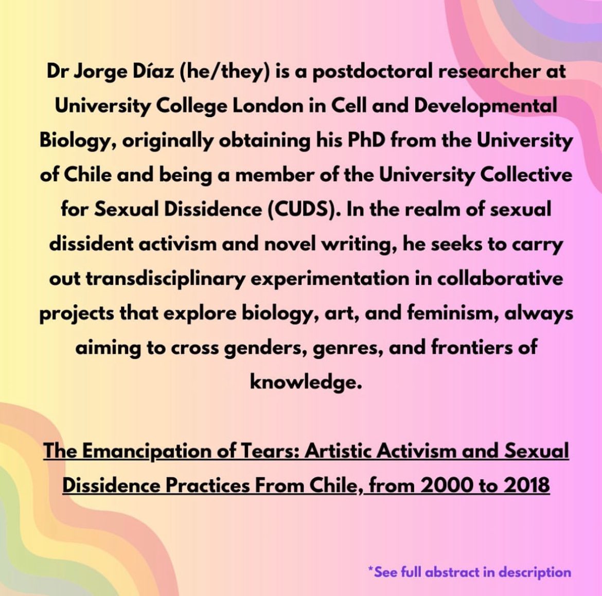 cqsconference's tweet image. 🎭INTRODUCING: IN DIALOGUE🎭

We are pleased to welcome Dr Jorge Díaz and Diego Agurto Beroiza for a dialogue on artistic activism and sexual dissidence in Chile. Their joint expertise spans theatre, politics, and biology.

In-person and online tickets available - link in bio!