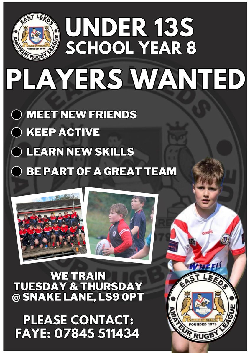 Please can you retweet this post or ask people you may know of on our behalf🏉

East Leeds u13's, year 8 are looking for new players. New to the game or experienced everyone welcome to come train with us and try rugby out  ⚪️🔴 

So please get in touch through the details below👇