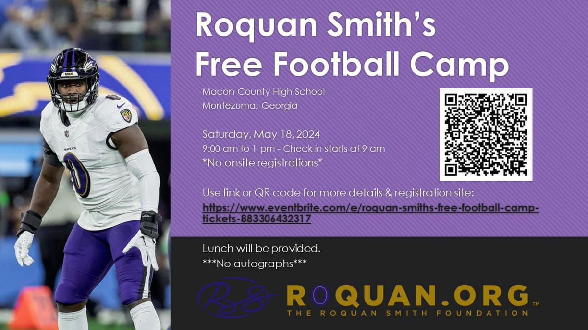 repost from Roquan!! “excited to hold a free football skills camp in my hometown, Montezuma GA. See the flyer for details. Registration opens this Wednesday at 3pm until capacity is reached. “🏈🏈🏈