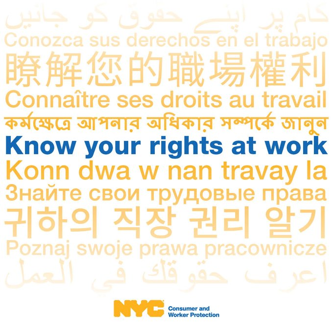 #ICYMI: In collaboration with @NYCImmigrants & @NYCCHR, we released the City’s newly expanded, landmark Workers’ Bill of Rights, a guide to rights in the workplace in NYC. You have rights regardless of immigration status. Learn more at on.nyc.gov/49xPpEc #ProtectWorkers