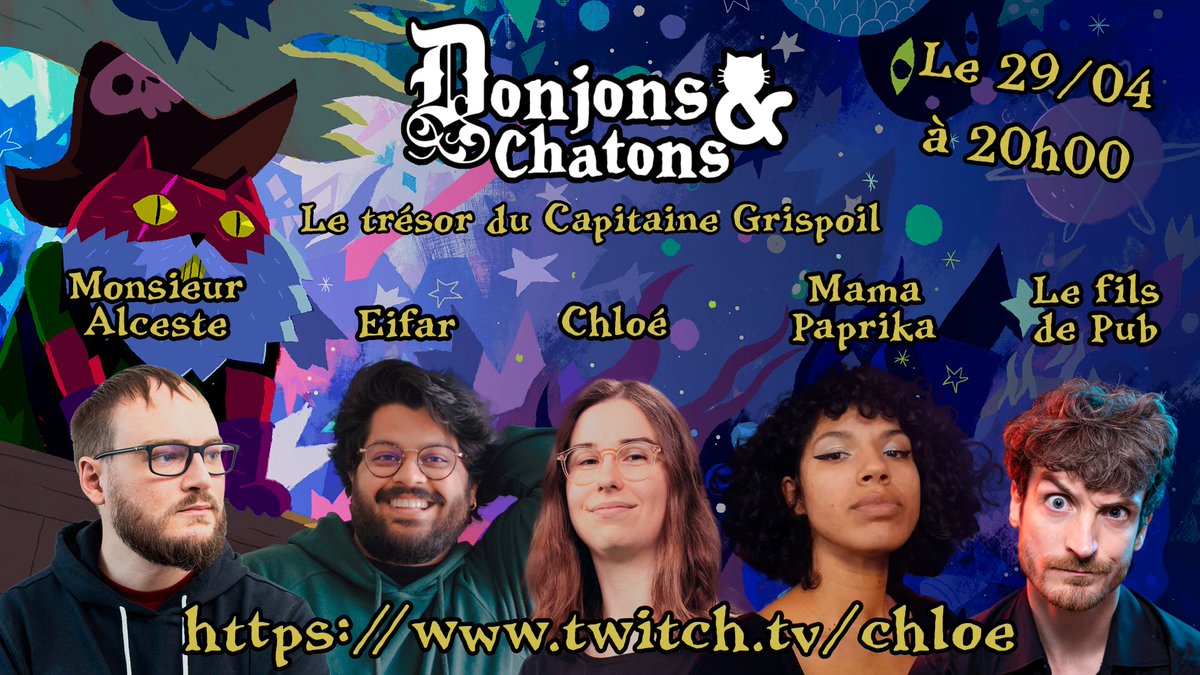 On me demande régulièrement quand je vais maîtriser à nouveau du Donjons & Chatons, et bien c'est lundi 29/04 à 20h00 sur la chaîne Twitch de @Chloe_Twitch ! On a réuni une équipe de folie pour explorer à nouveau l'univers tout mignon de @clement_der publié chez Studio Deadcrows.