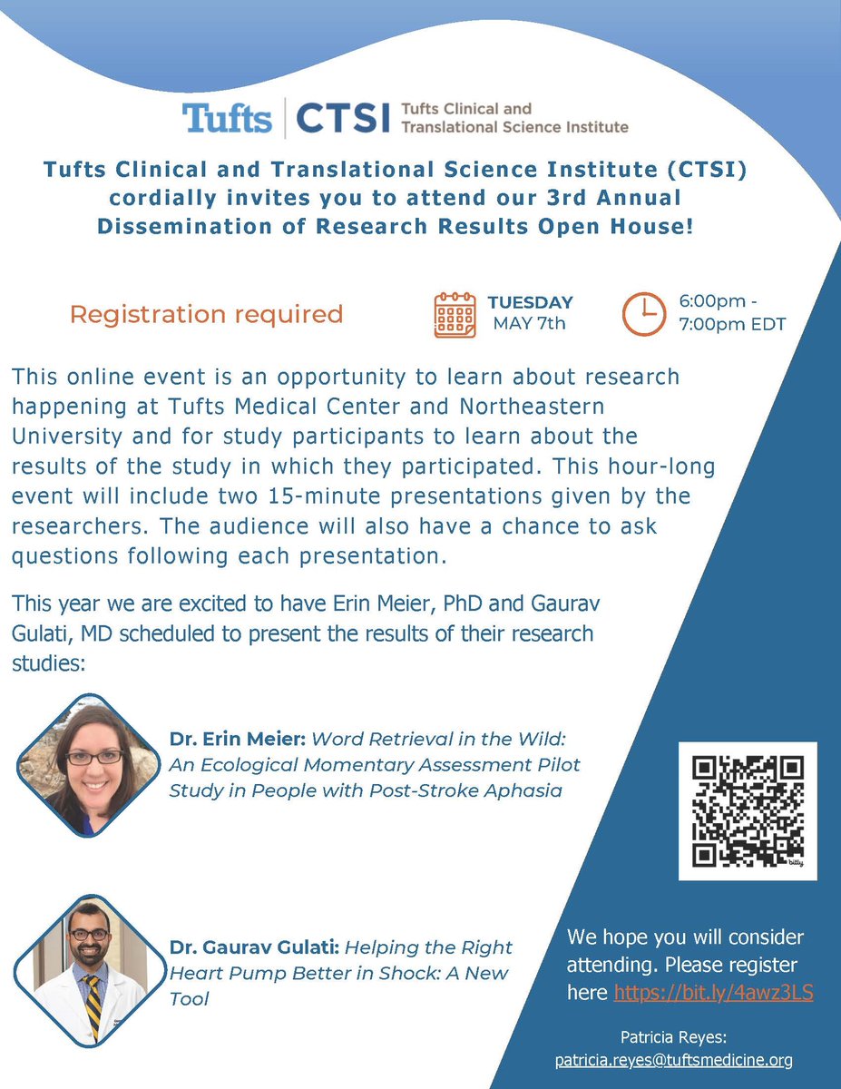 Our 3rd Annual Dissemination of Research Results Open House Zoom is just two weeks away on May 7! We're excited to have Dr. Erin Meier from @NUBouve and @gauravgulatiMD from @TuftsMedicalCtr present the results of their studies. Register: ilearn.tuftsctsi.org/product?catalo… #CTSAProgram