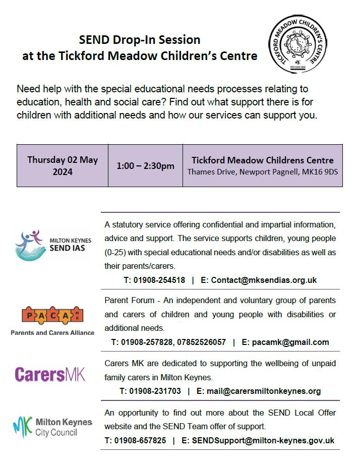 We'll be at the SEND Drop-In Session on 2nd May, 1pm-2.30pm at the Tickford Meadow Children's Centre, along with MK SENDIAS, @PacaMk & @mkcouncil Local Offer.  Find out what support there is for children with additional needs and how our services can support you.  

#parentcarers